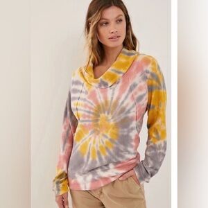Pilcro Anthropologie Angie Tie Dye Cowl Neck Yellow Thermal Tee Top Fall Cozy‎